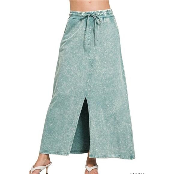 Zenana French Terry Acid Washed Front Slit Long Skirts - Picture 1 of 3